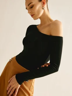 COMMENSE T-shirts|Tops^Asymmetrical Cold Shoulder Jersey T-Shirt Black