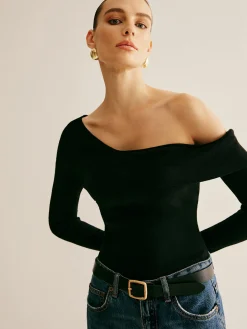 COMMENSE Sweater Tops|Sweaters & Cardigans^Asymmetrical Cold Shoulder Knitting Top Black