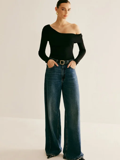 COMMENSE Sweater Tops|Sweaters & Cardigans^Asymmetrical Cold Shoulder Knitting Top Black