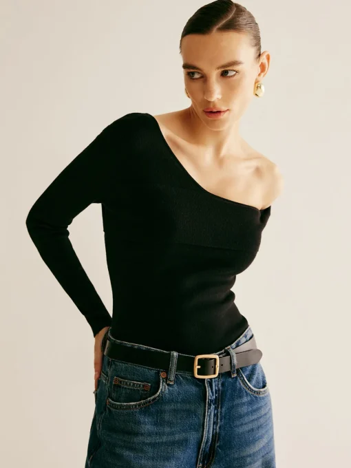 COMMENSE Sweater Tops|Sweaters & Cardigans^Asymmetrical Cold Shoulder Knitting Top Black