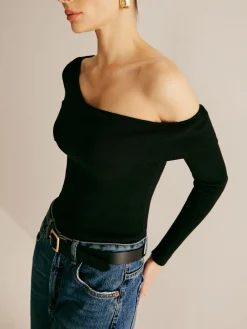 COMMENSE Sweater Tops|Sweaters & Cardigans^Asymmetrical Cold Shoulder Knitting Top Black