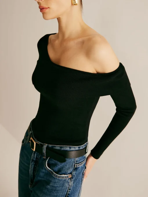 COMMENSE Sweater Tops|Sweaters & Cardigans^Asymmetrical Cold Shoulder Knitting Top Black