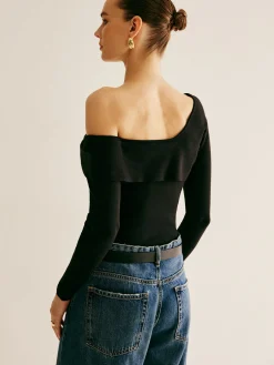 COMMENSE Sweater Tops|Sweaters & Cardigans^Asymmetrical Cold Shoulder Knitting Top Black