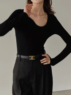 COMMENSE Sweater Tops|Sweaters & Cardigans^Asymmetrical Collar Knit Top Black