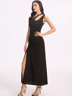 COMMENSE Black Dresses|Cocktail & Party Dresses^Asymmetrical Collar Long Dress Black