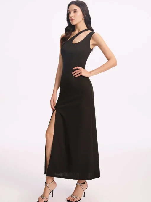 COMMENSE Black Dresses|Cocktail & Party Dresses^Asymmetrical Collar Long Dress Black