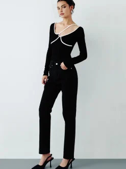 COMMENSE Blouses & Shirts|Tops^Asymmetrical Contrast Piping Blouse Black