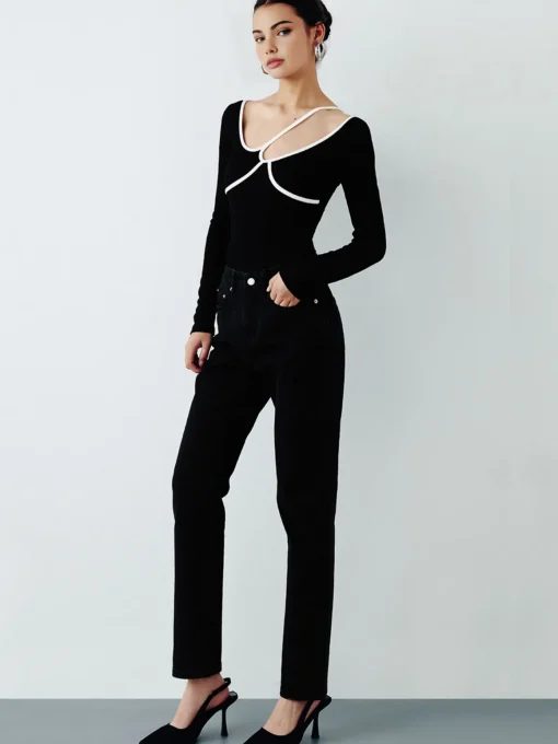 COMMENSE Blouses & Shirts|Tops^Asymmetrical Contrast Piping Blouse Black