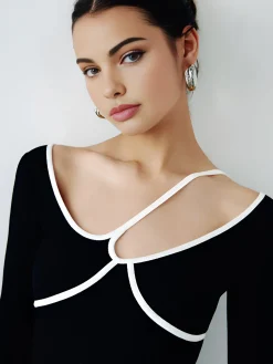 COMMENSE Blouses & Shirts|Tops^Asymmetrical Contrast Piping Blouse Black