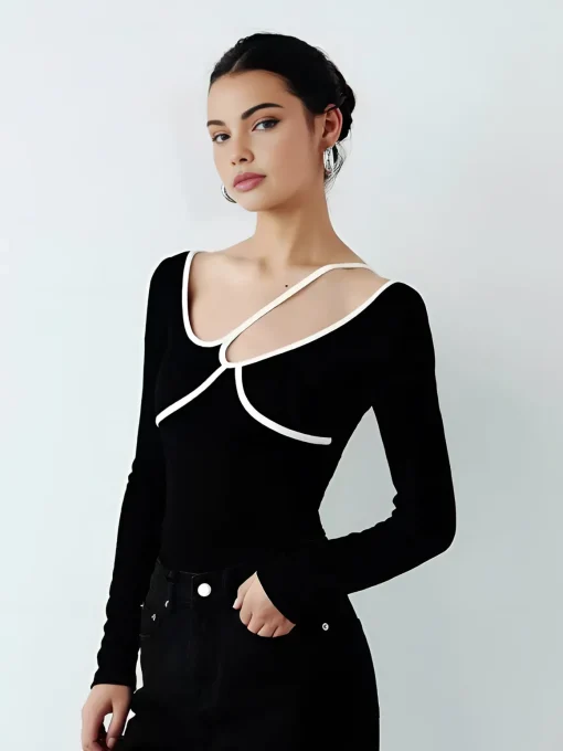 COMMENSE Blouses & Shirts|Tops^Asymmetrical Contrast Piping Blouse Black