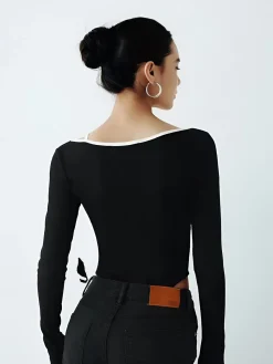 COMMENSE Blouses & Shirts|Tops^Asymmetrical Contrast Piping Blouse Black