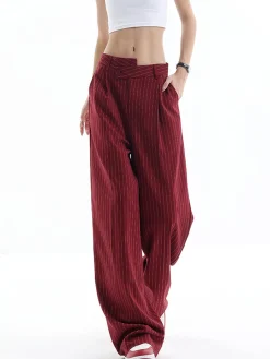 COMMENSE Pants|Bottoms^Asymmetrical High-Waist Pinstripe Pants Burgundy