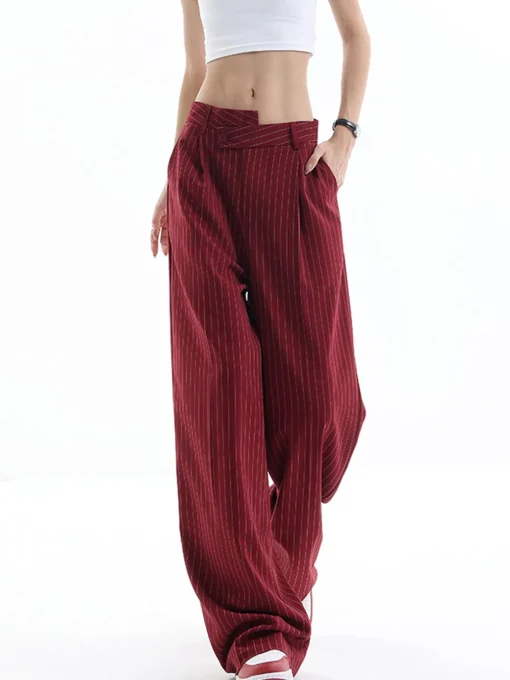 COMMENSE Pants|Bottoms^Asymmetrical High-Waist Pinstripe Pants Burgundy
