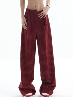 COMMENSE Pants|Bottoms^Asymmetrical High-Waist Pinstripe Pants Burgundy