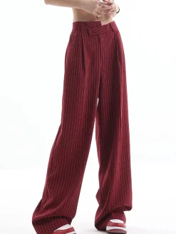 COMMENSE Pants|Bottoms^Asymmetrical High-Waist Pinstripe Pants Burgundy