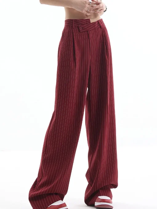 COMMENSE Pants|Bottoms^Asymmetrical High-Waist Pinstripe Pants Burgundy