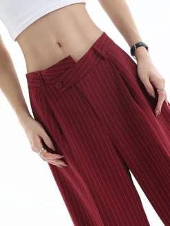COMMENSE Pants|Bottoms^Asymmetrical High-Waist Pinstripe Pants Burgundy