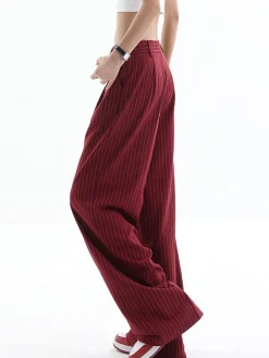 COMMENSE Pants|Bottoms^Asymmetrical High-Waist Pinstripe Pants Burgundy