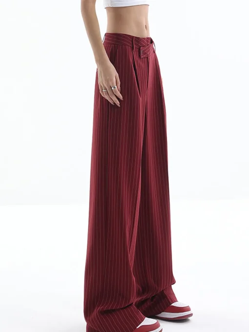 COMMENSE Pants|Bottoms^Asymmetrical High-Waist Pinstripe Pants Burgundy