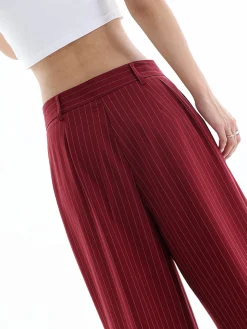 COMMENSE Pants|Bottoms^Asymmetrical High-Waist Pinstripe Pants Burgundy