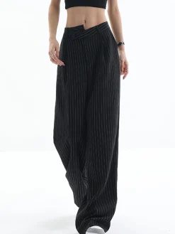 COMMENSE Pants|Bottoms^Asymmetrical High-Waist Pinstripe Pants Burgundy