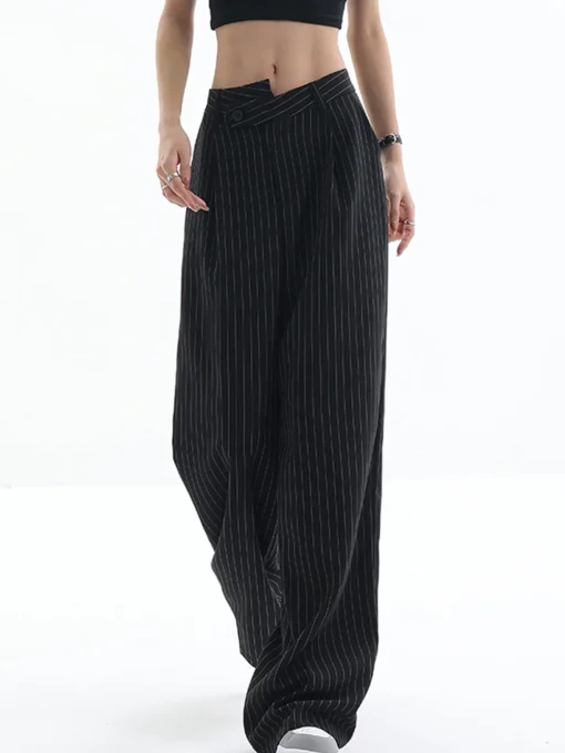 COMMENSE Pants|Bottoms^Asymmetrical High-Waist Pinstripe Pants Burgundy