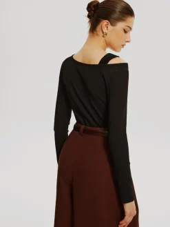COMMENSE T-shirts|Tops^Asymmetrical Knotted Jersey Top Black