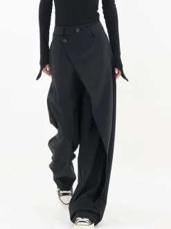 COMMENSE Wide Leg|Pants^Asymmetrical Layer Button Wide Leg Dress Pants Black