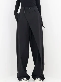 COMMENSE Wide Leg|Pants^Asymmetrical Layer Button Wide Leg Dress Pants Black