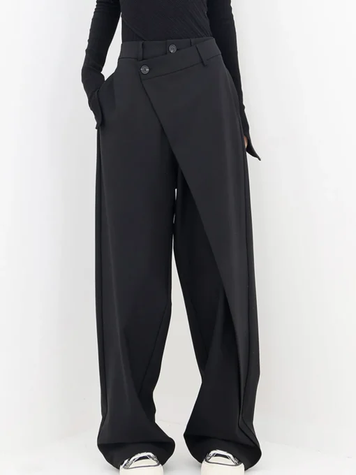 COMMENSE Wide Leg|Pants^Asymmetrical Layer Button Wide Leg Dress Pants Black
