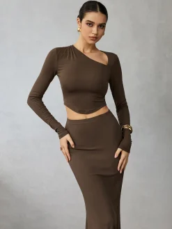 COMMENSE Skirt Sets|Long Sleeve Sets^Asymmetrical Long Sleeve Skirt Set LightBrown