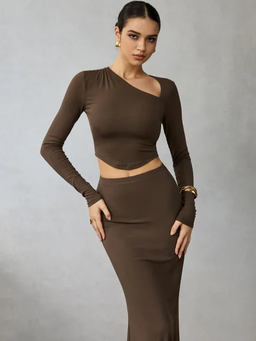 COMMENSE Skirt Sets|Long Sleeve Sets^Asymmetrical Long Sleeve Skirt Set LightBrown