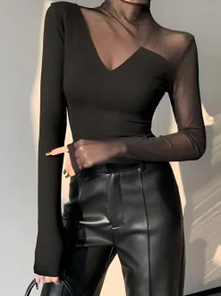 COMMENSE T-shirts|Tops^Asymmetrical Mesh Panel T-Shirt Black