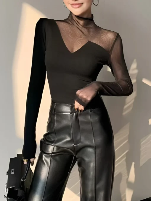 COMMENSE T-shirts|Tops^Asymmetrical Mesh Panel T-Shirt Black