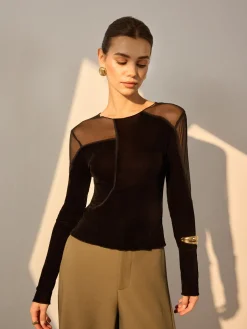 COMMENSE T-shirts^Asymmetrical Mesh-Detail Velvet Top Black