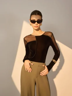 COMMENSE T-shirts^Asymmetrical Mesh-Detail Velvet Top Black