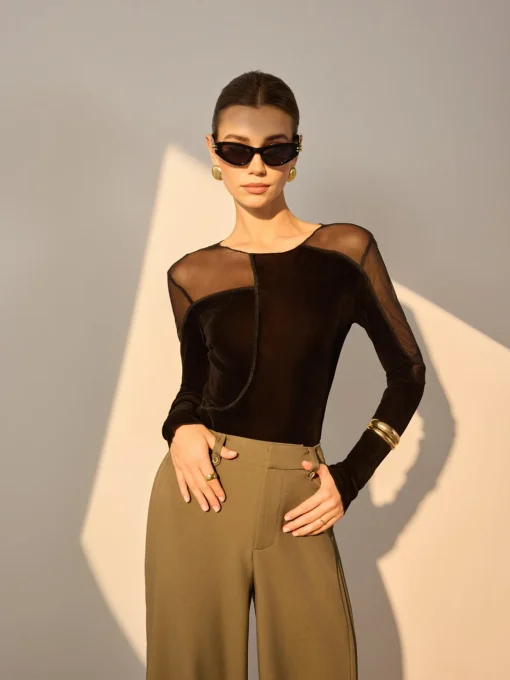COMMENSE T-shirts^Asymmetrical Mesh-Detail Velvet Top Black