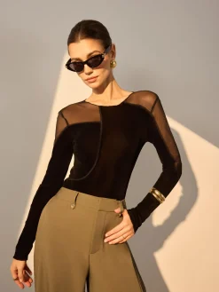 COMMENSE T-shirts^Asymmetrical Mesh-Detail Velvet Top Black
