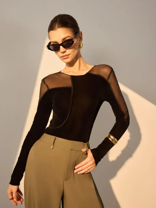 COMMENSE T-shirts^Asymmetrical Mesh-Detail Velvet Top Black