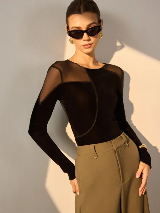 COMMENSE T-shirts^Asymmetrical Mesh-Detail Velvet Top Black