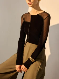 COMMENSE T-shirts^Asymmetrical Mesh-Detail Velvet Top Black