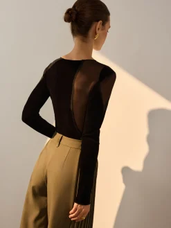 COMMENSE T-shirts^Asymmetrical Mesh-Detail Velvet Top Black