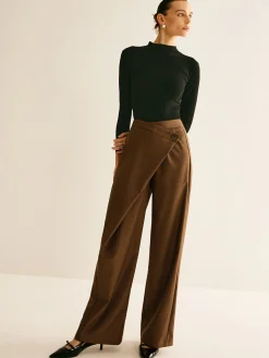 COMMENSE Pants|Bottoms^Asymmetrical Mid-Waist Straight Pants Brown