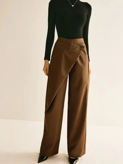 COMMENSE Pants|Bottoms^Asymmetrical Mid-Waist Straight Pants Brown