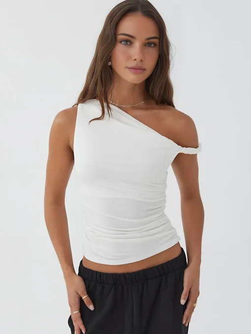COMMENSE T-shirts|Tops^Asymmetrical Neck Basic Top White