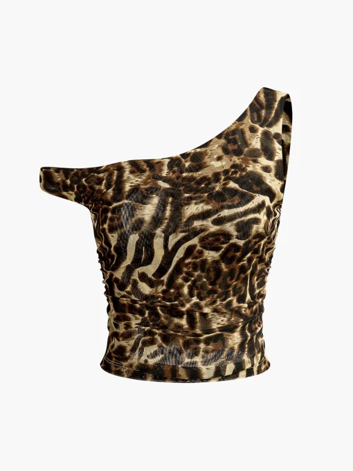COMMENSE Blouses & Shirts^Asymmetrical Neck Leopard Printed Blouse DarkBrown