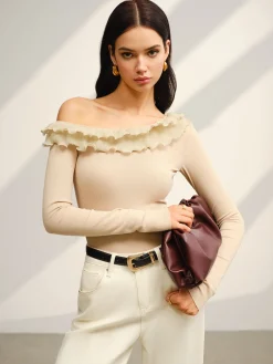COMMENSE Tops^Asymmetrical Neck Lettuce Trim Jersey Top Apricot