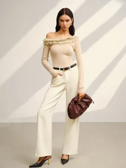 COMMENSE Tops^Asymmetrical Neck Lettuce Trim Jersey Top Apricot