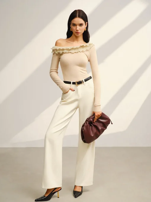COMMENSE Tops^Asymmetrical Neck Lettuce Trim Jersey Top Apricot