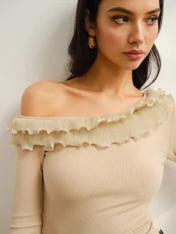 COMMENSE Tops^Asymmetrical Neck Lettuce Trim Jersey Top Apricot